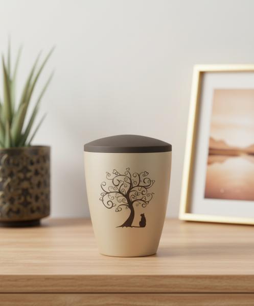 Decorative pet urn for cats in beige with a velvety surface and brown lid, adorned with a pad printed motif of an artistic tree of life and a sitting cat – A stylish and tranquil memorial for your loss.